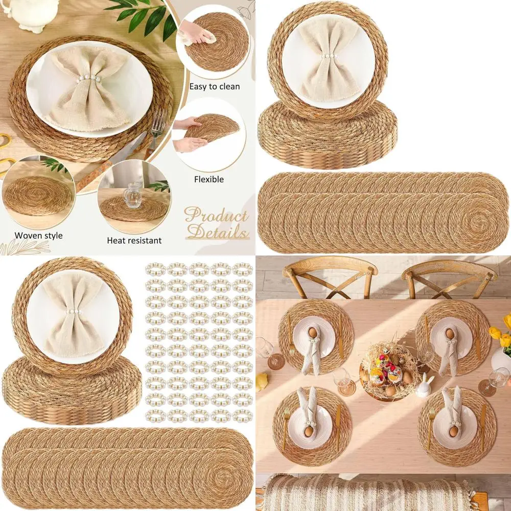 Set of 30 Bohemian-Style Cattail Woven Placemats with Pearl Napkin Rings, Ideal for Rustic or Wedding Dinner Tables (13 Inch)
Set of 30 Bohemian-Style Cattail Woven Placemats with Pearl Napkin Rings, Ideal for Rustic or Wedding Dinner Tables (13 Inch)