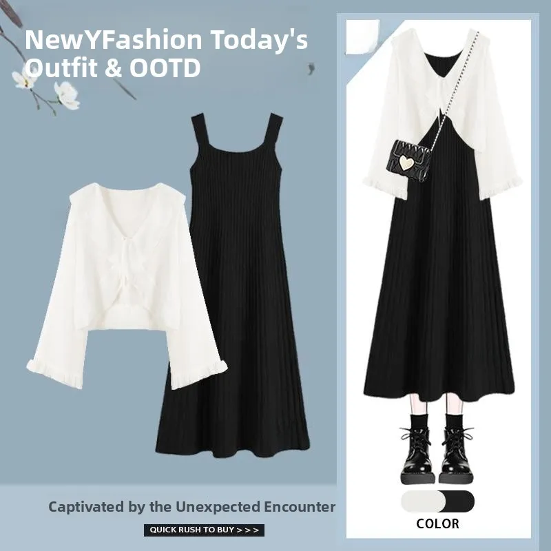 Spring Cardigan Top Design Sense Strap Dress Two-Piece Set Early Autumn Women's Beautiful Skirt High Waist Midi Dress
Spring Cardigan Top Design Sense Strap Dress Two-Piece Set Early Autumn Women's Beautiful Skirt High Waist Midi Dress