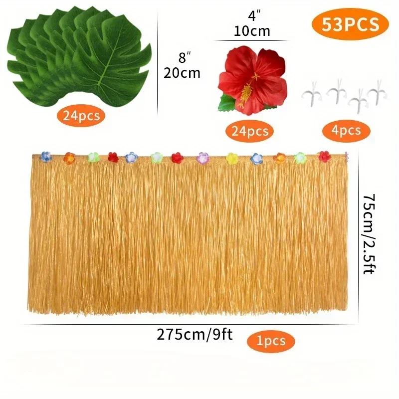 53Pcs Hawaiian Party Decor Set, Tassel Table Skirt with Artificial Turtle Leaves & Hibiscus Flowers for Scene Decoration
53Pcs Hawaiian Party Decor Set, Tassel Table Skirt with Artificial Turtle Leaves & Hibiscus Flowers for Scene Decoration
