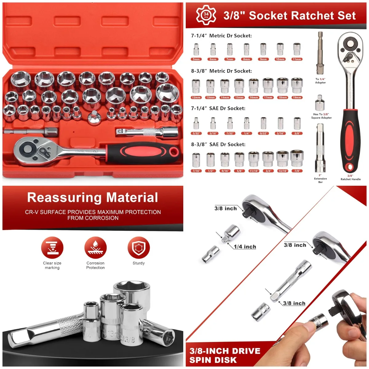 34-комплект храповых головок с приводом 3/8 дюйма, метрическая/SAE, с удлинителем и футляром
34-комплект храповых головок с приводом 3/8 дюйма, метрическая/SAE, с удлинителем и футляром