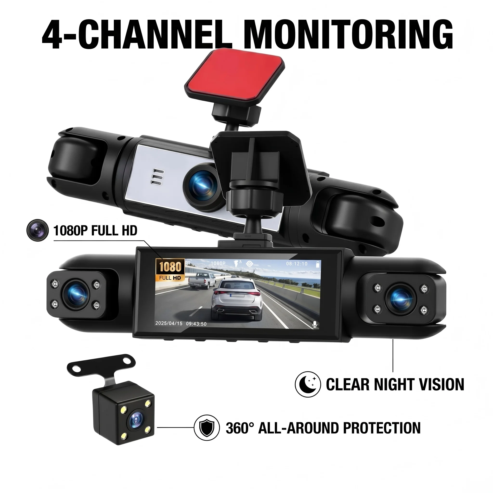 A 4-lens dash cam, suitable for reversing images, parking monitoring, and security monitoring
A 4-lens dash cam, suitable for reversing images, parking monitoring, and security monitoring