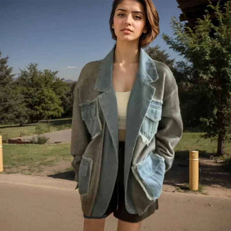 Versatile Knit Cardigan Coats New Fashion Casual Denim Splicing Knitted Turn-down Collar Pockets Contrast Long Sleeve Jackets
Versatile Knit Cardigan Coats New Fashion Casual Denim Splicing Knitted Turn-down Collar Pockets Contrast Long Sleeve Jackets