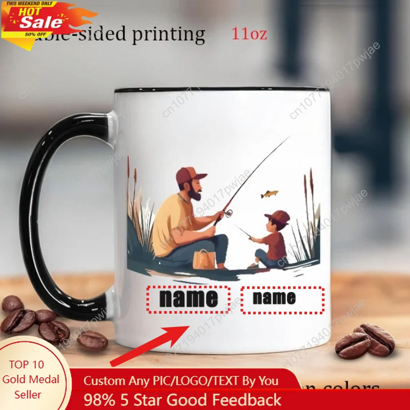 Ceramic Mug with 'Father and Son Who Love Fishing' Design Personalized Name Customization for Coffee Cups and Water Bottles Do
Ceramic Mug with 'Father and Son Who Love Fishing' Design Personalized Name Customization for Coffee Cups and Water Bottles Do