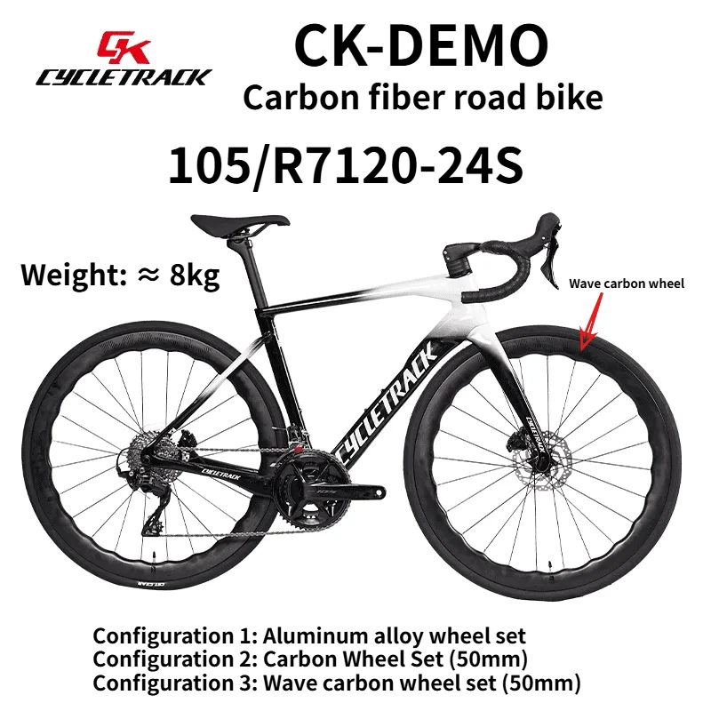 CYCLETRACK CK-DEMO Carbon Fiber Road Bicycle 105/R7120-24S Hydraulic Disc Brake 700 * 28C Wheels Male and Female Road Bicycles
CYCLETRACK CK-DEMO Carbon Fiber Road Bicycle 105/R7120-24S Hydraulic Disc Brake 700 * 28C Wheels Male and Female Road Bicycles
