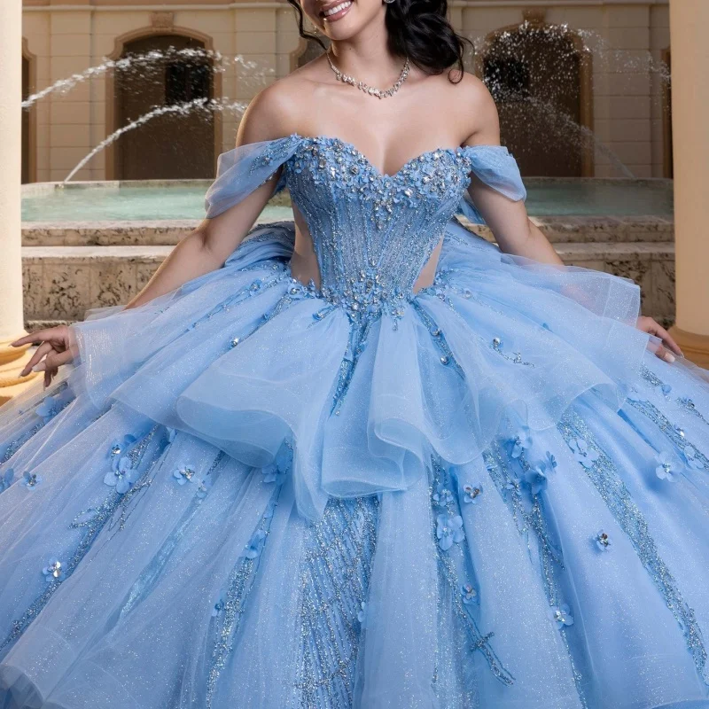 Blue Quinceanera Dress off-shoulder Glitter Crystal 3D Flower Decal Layering Long tail vestidos de 15 Quinceanera Customize
Blue Quinceanera Dress off-shoulder Glitter Crystal 3D Flower Decal Layering Long tail vestidos de 15 Quinceanera Customize