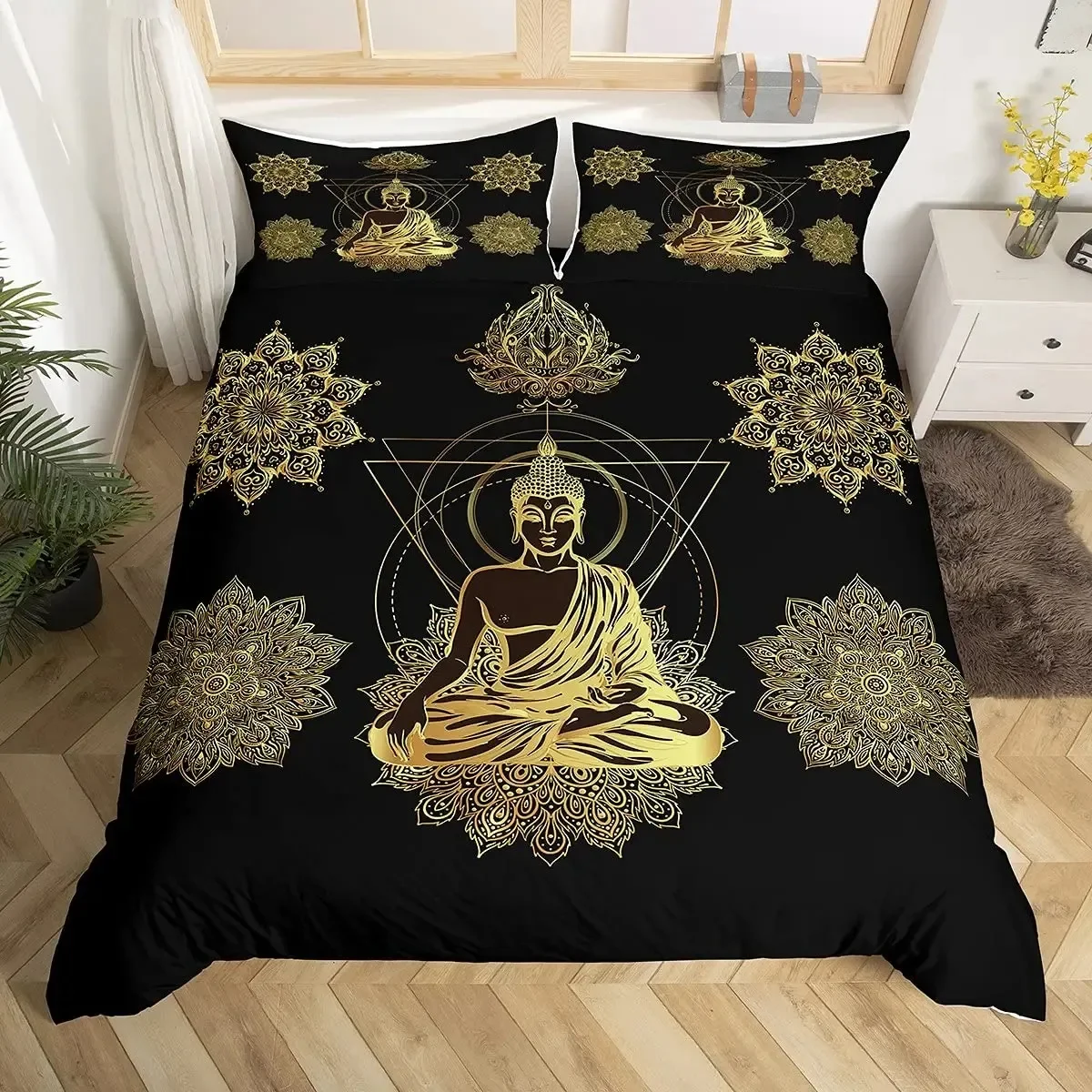 Mandala Buddha Duvet Cover Set King Size Exotic Ethnic Bohemian Bedding Set Golden Black Lotus Flowers Gorgeous Comforter Cover 
Mandala Buddha Duvet Cover Set King Size Exotic Ethnic Bohemian Bedding Set Golden Black Lotus Flowers Gorgeous Comforter Cover