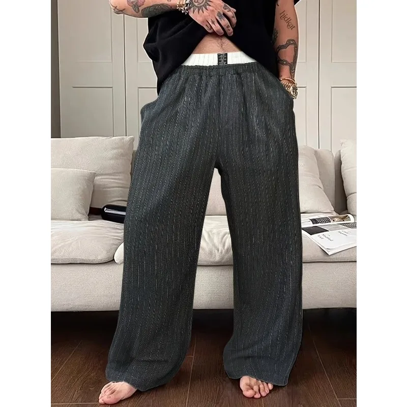 Fake Two-Piece Double Waist Wide-Leg Trousers Contrast Striped Casual Trousers for Men Straight Loose with Pockets
Fake Two-Piece Double Waist Wide-Leg Trousers Contrast Striped Casual Trousers for Men Straight Loose with Pockets