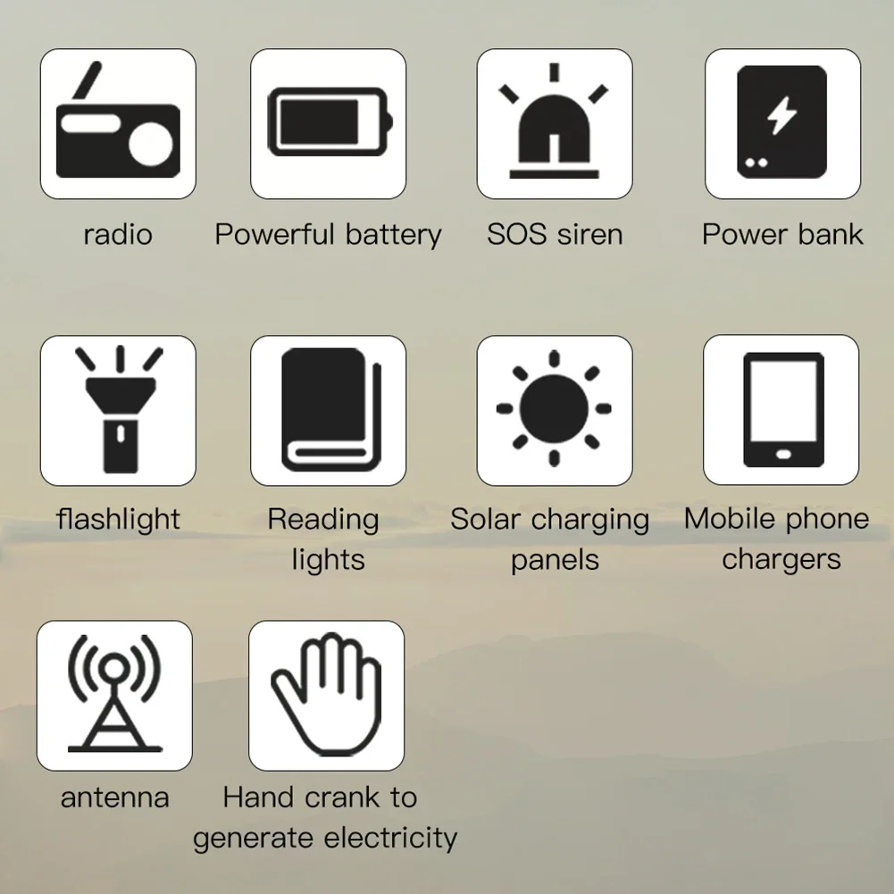 16000mAh AM/FM/WB NOAA Portable Weather Radio Hand Crank/Solar/Type-C Charging Weather Alert Radio SOS Alarm for Outdoor Camping
16000mAh AM/FM/WB NOAA Portable Weather Radio Hand Crank/Solar/Type-C Charging Weather Alert Radio SOS Alarm for Outdoor Camping