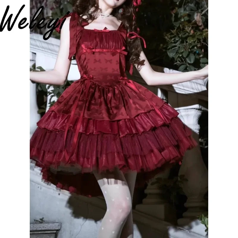 Japanese Lolita Small Ribbon Bow Wine Red Dress Ladies 2024 Summer New Sweet Elegant Short Sleeve Mini Cake Dresses Feminino
Japanese Lolita Small Ribbon Bow Wine Red Dress Ladies 2024 Summer New Sweet Elegant Short Sleeve Mini Cake Dresses Feminino