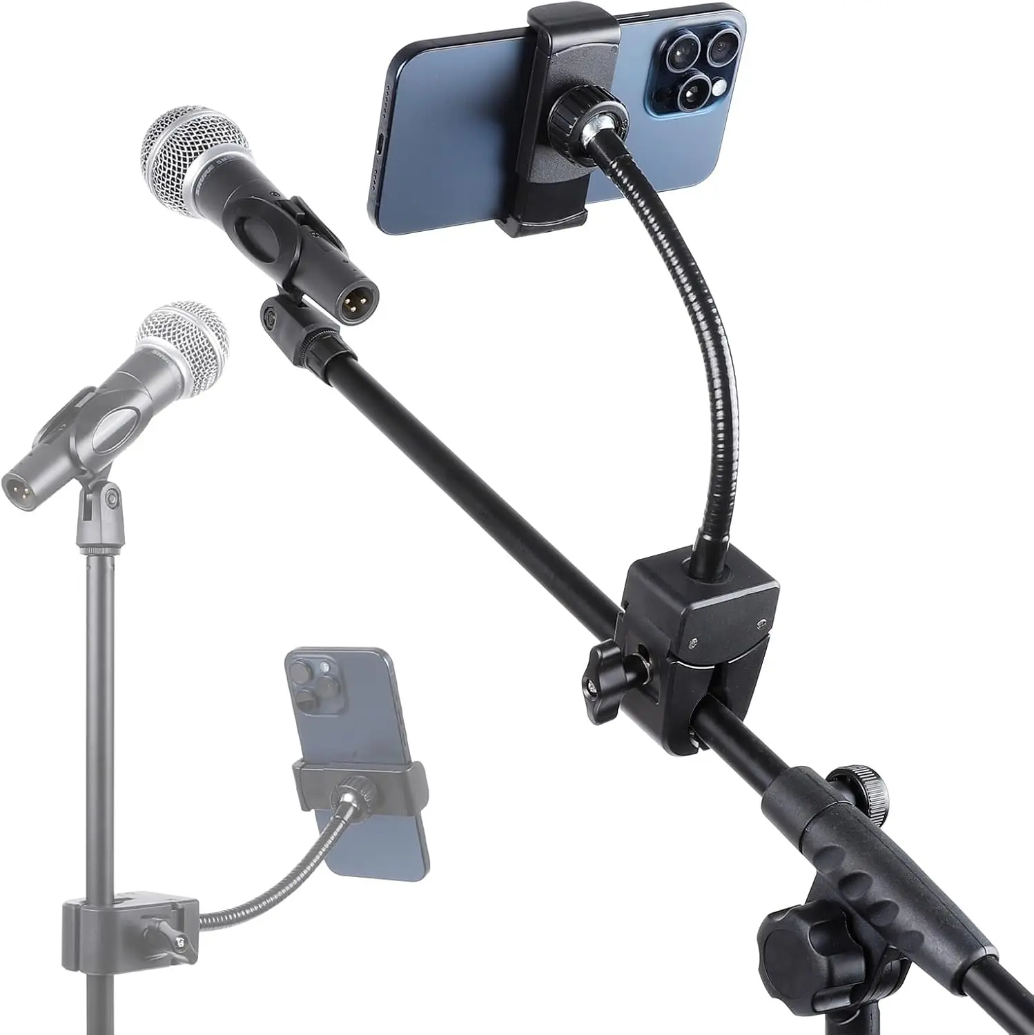 Flexible Phone Holder with 7.9" Removable Gooseneck for Microphone Stand, Adjustable Mount for All Smartphones
Flexible Phone Holder with 7.9" Removable Gooseneck for Microphone Stand, Adjustable Mount for All Smartphones
