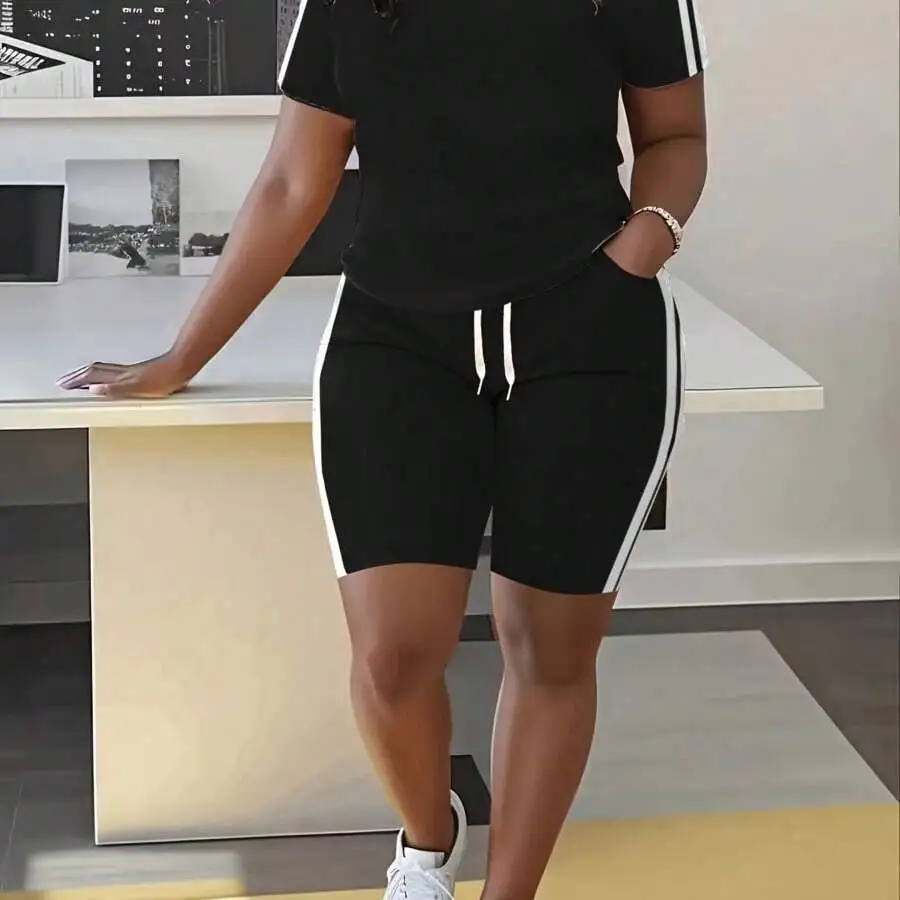 Plus Size Womens Short Sleeve Top And Shorts Set With Stripe Detail Casual Stretchy Two Piece Outfit
Plus Size Womens Short Sleeve Top And Shorts Set With Stripe Detail Casual Stretchy Two Piece Outfit