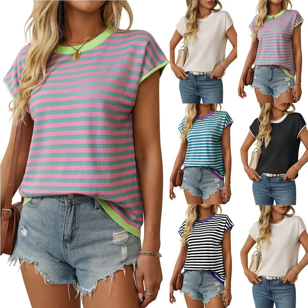Women Short Sleeve T Shirt Round Neck Striped Women's Pullover Knit Top Oversized Fit Pink And Green Casual Lightweight Boho Tee
Women Short Sleeve T Shirt Round Neck Striped Women's Pullover Knit Top Oversized Fit Pink And Green Casual Lightweight Boho Tee