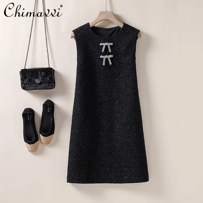 French Elegant Socialite Short Tank Dress Round Neck Diamond Bow Sleeveless High Waist A-line Slim Fit Black Evening Dress Women
French Elegant Socialite Short Tank Dress Round Neck Diamond Bow Sleeveless High Waist A-line Slim Fit Black Evening Dress Women