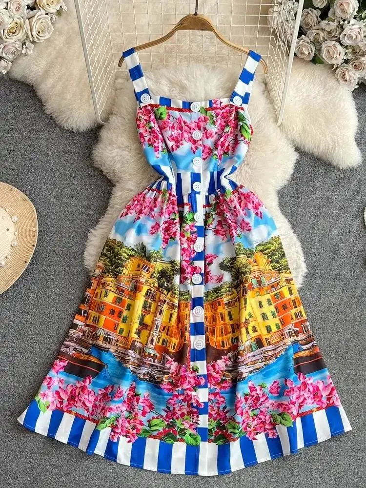 Women's Sleeveless Square Collar Backless Flower Print Midi Dress Summer Holiday Buttons Spaghetti Strap Beach Runway Vestidos
Women's Sleeveless Square Collar Backless Flower Print Midi Dress Summer Holiday Buttons Spaghetti Strap Beach Runway Vestidos