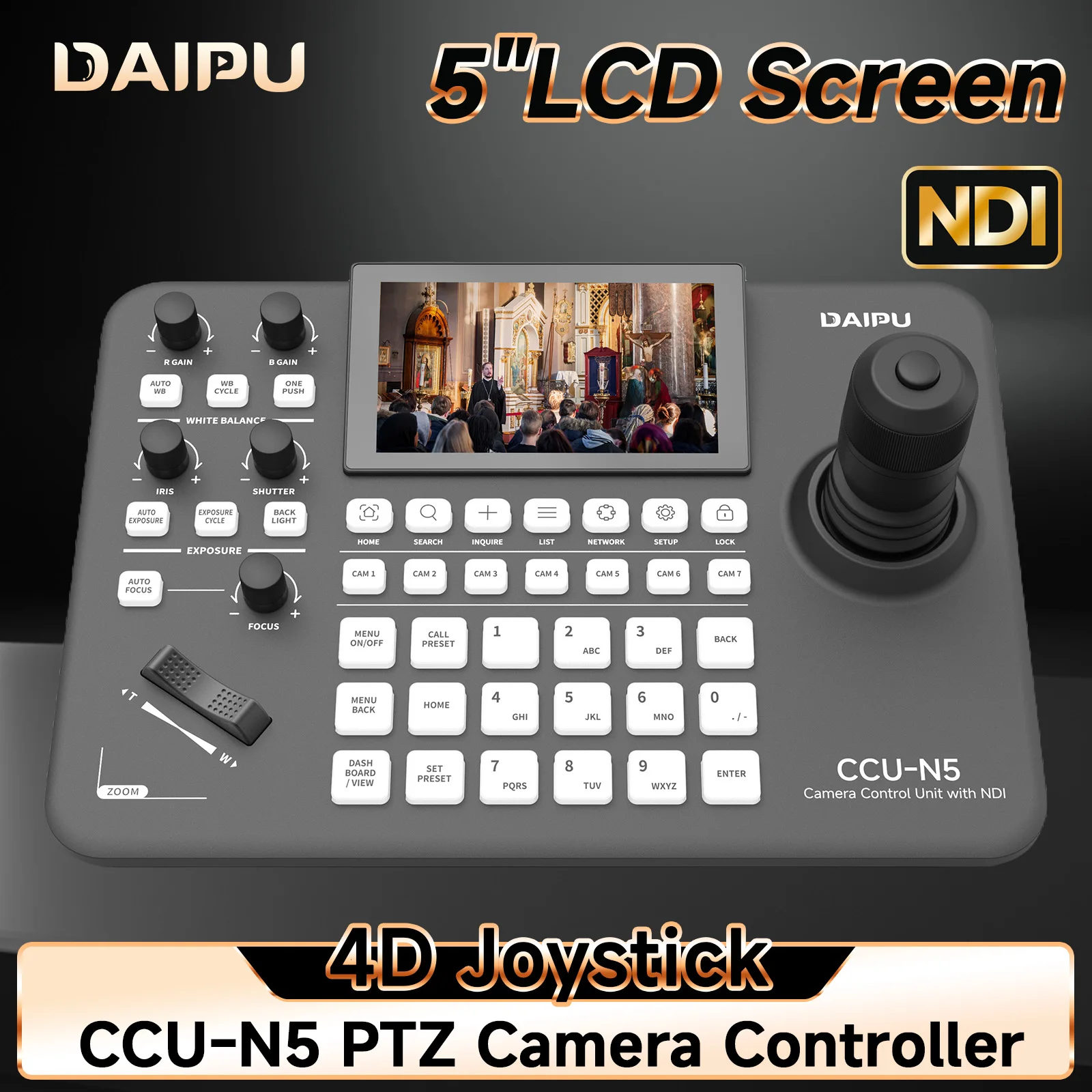 DAIPU NDI PTZ Camera Controller 5" LCD-Screen 4D Joystick for Church Live Streaming Conference Education Broadcast Youtube Live
DAIPU NDI PTZ Camera Controller 5" LCD-Screen 4D Joystick for Church Live Streaming Conference Education Broadcast Youtube Live