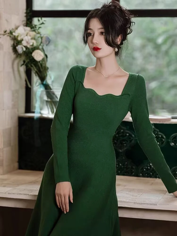 Chic Vintage Green Knitted Party Dresses for Women, Long Evening Elegant Dress, Ladies Slim Fit, One Piece, Korea, Autumn,
Chic Vintage Green Knitted Party Dresses for Women, Long Evening Elegant Dress, Ladies Slim Fit, One Piece, Korea, Autumn,