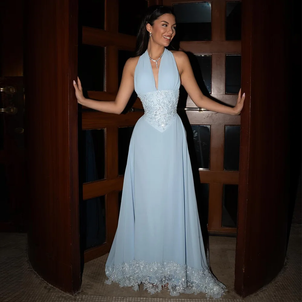 Sexy Customized Halter Backless Evening Dress Classic Chiffon Beading Celebrity Gowns High Quality Appliques Lace Prom Dresses
Sexy Customized Halter Backless Evening Dress Classic Chiffon Beading Celebrity Gowns High Quality Appliques Lace Prom Dresses