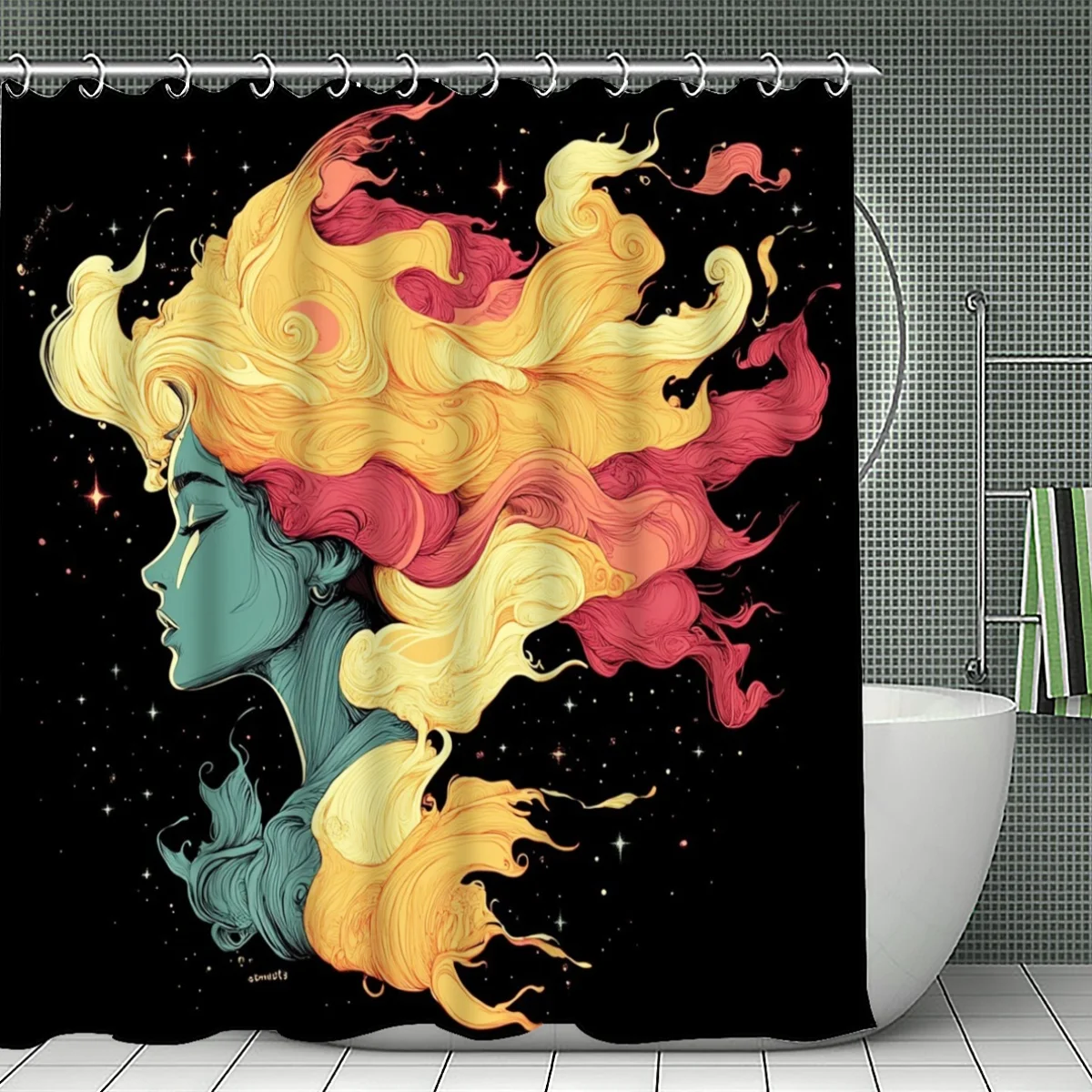 Fantasy Woman Portrait Shower Curtain, Flowing Hair Art, Surreal Space Theme Colorful Abstract Print Waterproof Polyester Fabric
Fantasy Woman Portrait Shower Curtain, Flowing Hair Art, Surreal Space Theme Colorful Abstract Print Waterproof Polyester Fabric