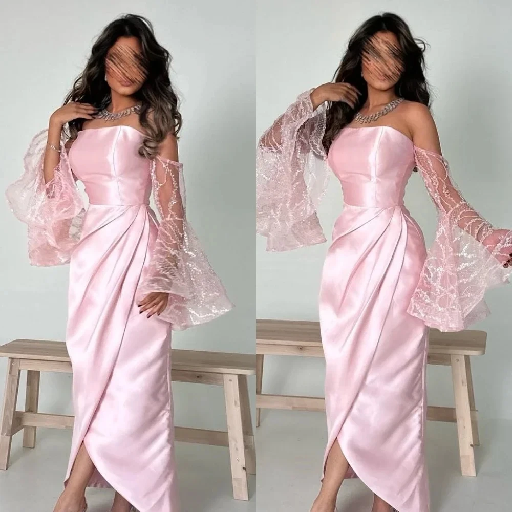 Romantic Pink Satin Mermaid Boat Neck Off The Shoulder Prom Dresses With Flare Sleeves Split Slit Formal Evening Party Gowns
Romantic Pink Satin Mermaid Boat Neck Off The Shoulder Prom Dresses With Flare Sleeves Split Slit Formal Evening Party Gowns