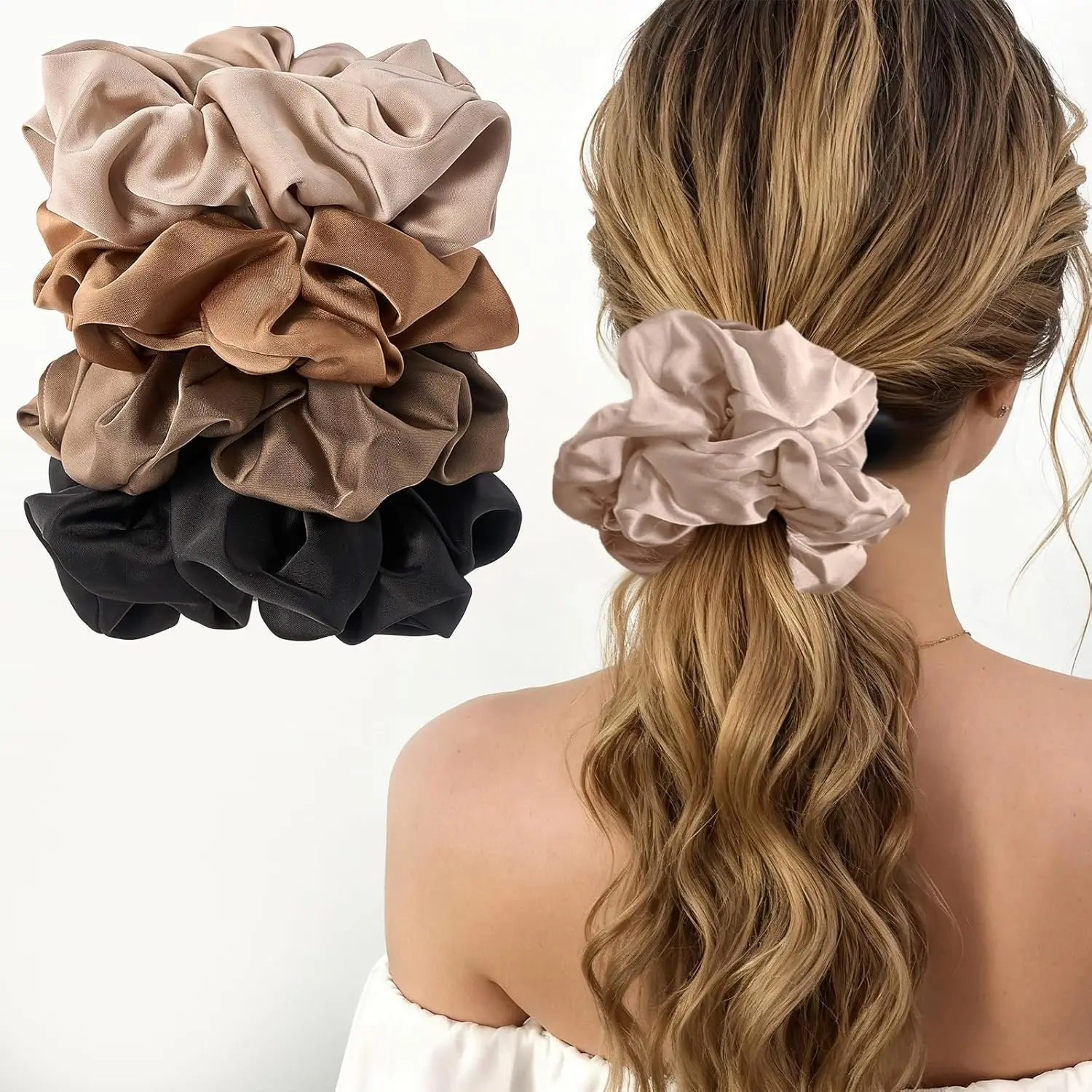 5.9 Inch Large Satin Scrunchies for Thick Curly Hair, 4 Pack Almond Khaki Black Brown, No Dent
5.9 Inch Large Satin Scrunchies for Thick Curly Hair, 4 Pack Almond Khaki Black Brown, No Dent