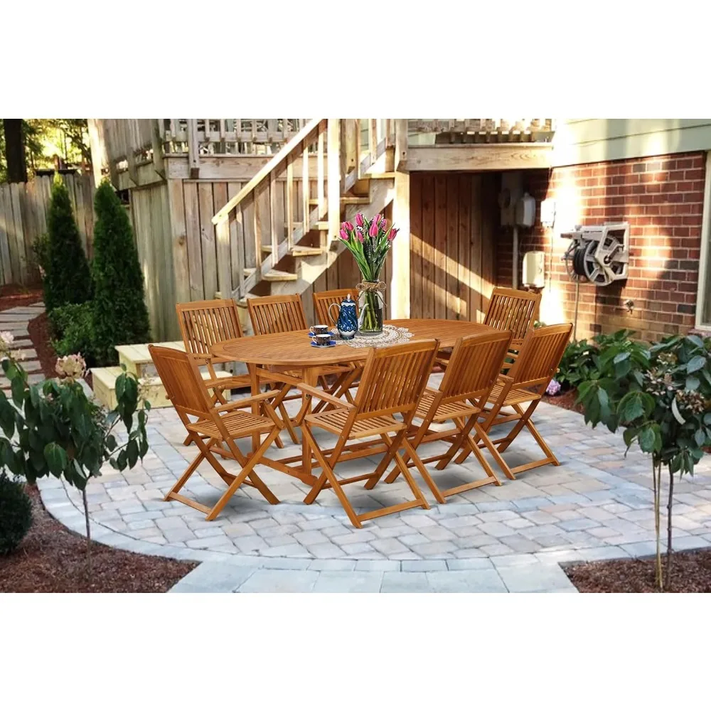 9 Piece Outdoor Patio Dining Sets Includes An Oval Acacia Wood Table and 8 Folding Arm Chairs, 36x78 Inch, Patio Dining Sets
9 Piece Outdoor Patio Dining Sets Includes An Oval Acacia Wood Table and 8 Folding Arm Chairs, 36x78 Inch, Patio Dining Sets