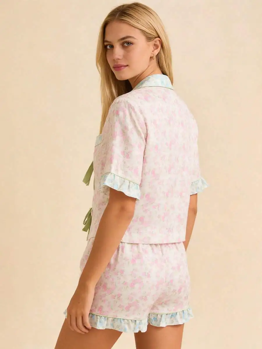 Women Floral Print Ruffle Pajama Set Short Sleeve Lapel Top And Boxer Shorts
Women Floral Print Ruffle Pajama Set Short Sleeve Lapel Top And Boxer Shorts