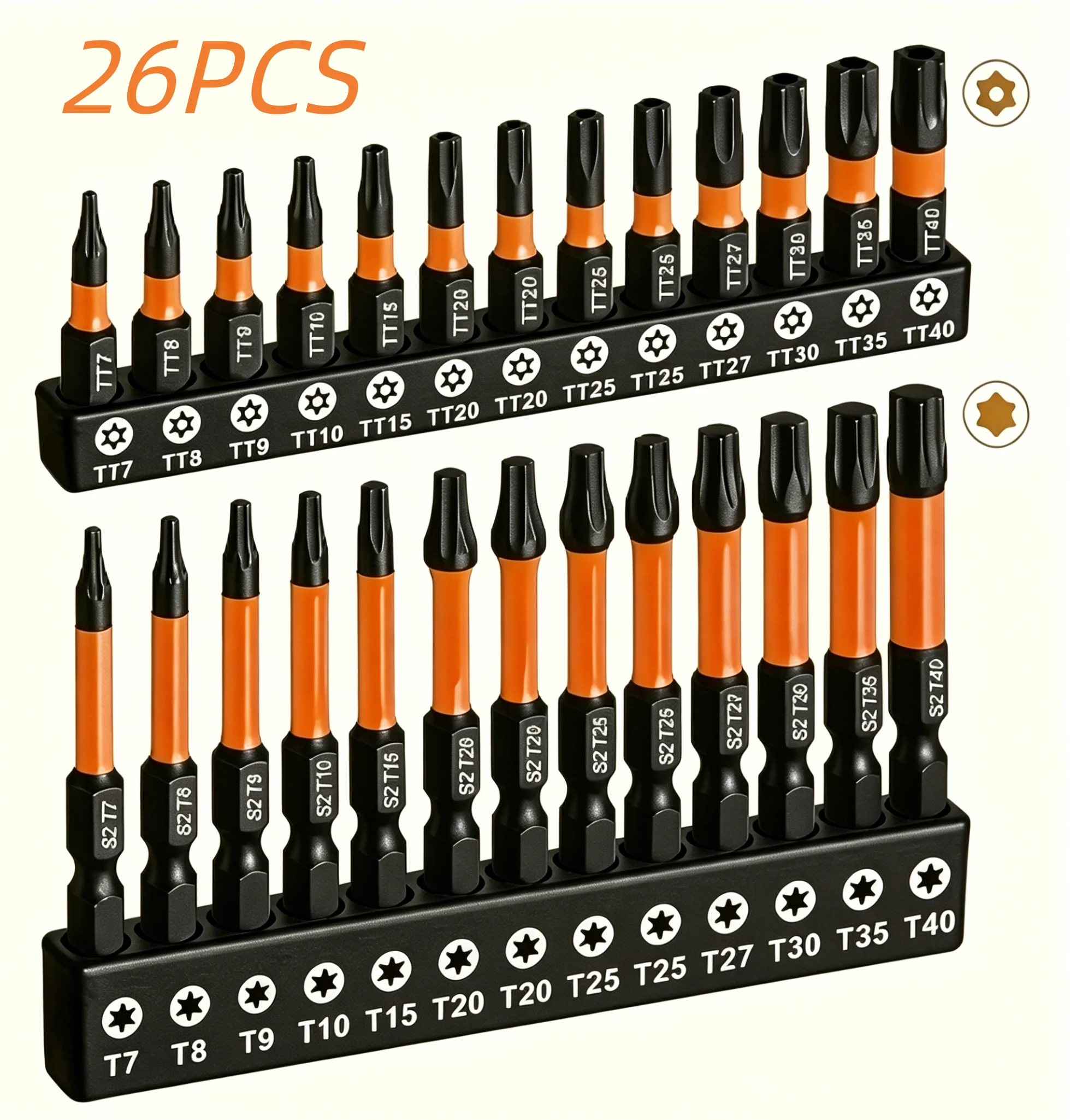 26pcs Impact Torx Bit Set (T7-T40), S2 Steel, Tamper-Proof Security Star Bits with CNC Machined Tips, 1" & 2" Lengths, Includes
26pcs Impact Torx Bit Set (T7-T40), S2 Steel, Tamper-Proof Security Star Bits with CNC Machined Tips, 1" & 2" Lengths, Includes