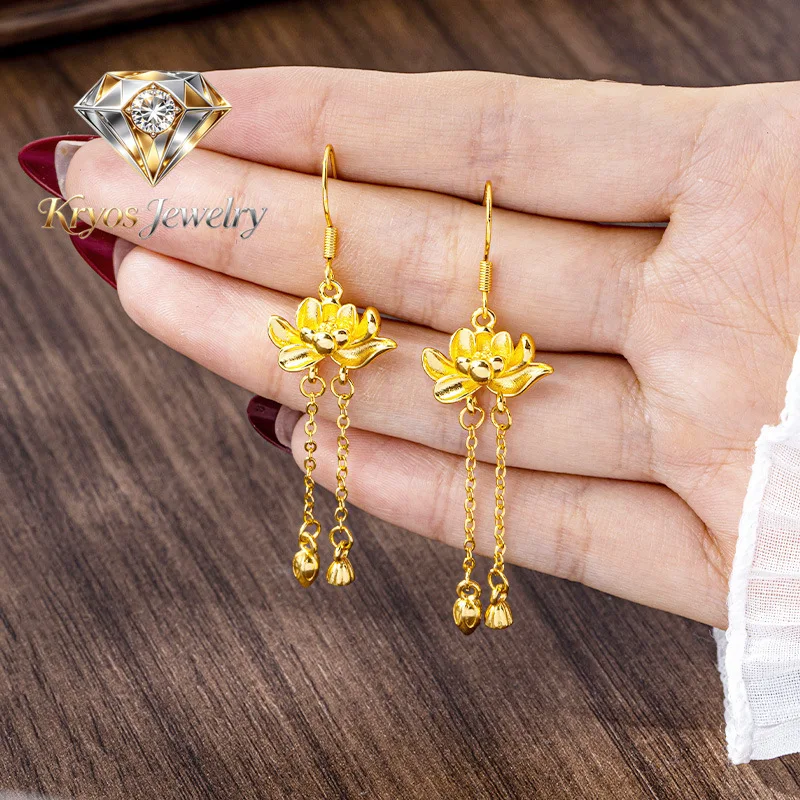 Kryos Jewelry Luxury 24K 9999 Pure Gold real gold Three-dimensional Lotus Earrings Retro High-grade Tassel Earrings
Kryos Jewelry Luxury 24K 9999 Pure Gold real gold Three-dimensional Lotus Earrings Retro High-grade Tassel Earrings