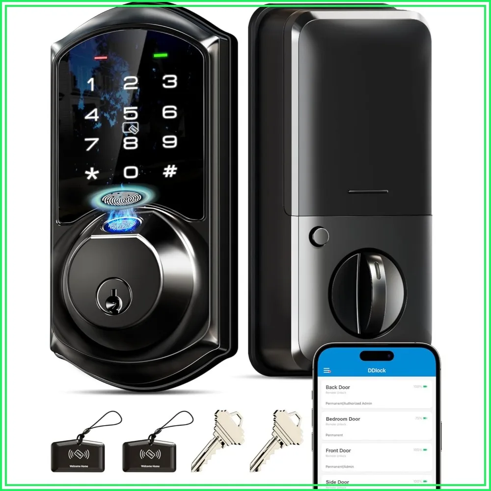 7-in-1 Fingerprint Smart Door Lock with App Control, Keyless Entry Deadbolt, Biometric Auto Lock for Front Door, Matte Black
7-in-1 Fingerprint Smart Door Lock with App Control, Keyless Entry Deadbolt, Biometric Auto Lock for Front Door, Matte Black