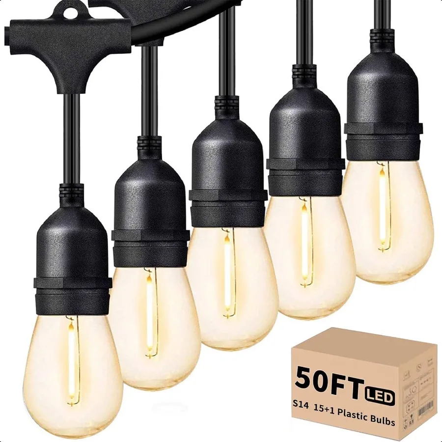 Svater Outdoor Led String Lights 50FT Patio Lights with 16pcs S14 Shatterproof Bulbs 1 Watt E26 Dimmable 2700K Warm White IP65
Svater Outdoor Led String Lights 50FT Patio Lights with 16pcs S14 Shatterproof Bulbs 1 Watt E26 Dimmable 2700K Warm White IP65