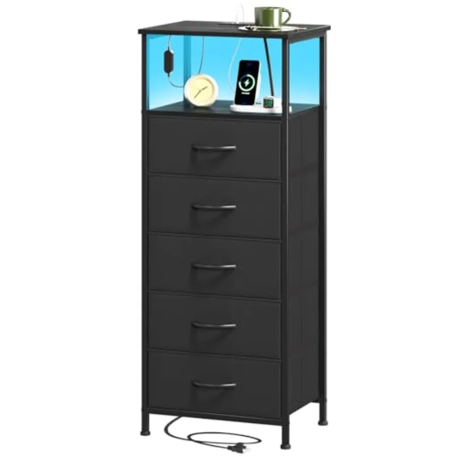 Black Nightstand with Charging Station LED Light 5-Drawer Tall Dresser with Fabric Bins for Bedroom Room Dorm Closet Laundry or
Black Nightstand with Charging Station LED Light 5-Drawer Tall Dresser with Fabric Bins for Bedroom Room Dorm Closet Laundry or