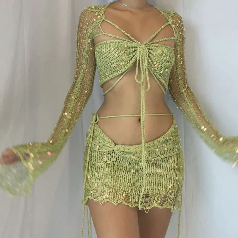 Sexy Sequins Knitted Summer Outfits for Women 2023 Flare Sleeve Crop Top and Mini Skirt Two Piece Set Beach Vacation Outfit
Sexy Sequins Knitted Summer Outfits for Women 2023 Flare Sleeve Crop Top and Mini Skirt Two Piece Set Beach Vacation Outfit