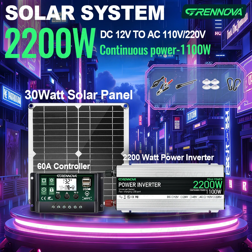 Grennova 2200W Solar Power Kit 30W Panel 2200W 12V To 110V/220V Inverter MPPT Controller for Home Backup and Remote Locations
Grennova 2200W Solar Power Kit 30W Panel 2200W 12V To 110V/220V Inverter MPPT Controller for Home Backup and Remote Locations
