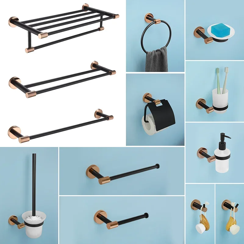 Rose Gold + Matt Black Wall Mount Toilet Bath Hardware Paper Holder Towel Bar Rack Rail Rod Robe Hook Hanger Cup Holder Kit
Rose Gold + Matt Black Wall Mount Toilet Bath Hardware Paper Holder Towel Bar Rack Rail Rod Robe Hook Hanger Cup Holder Kit