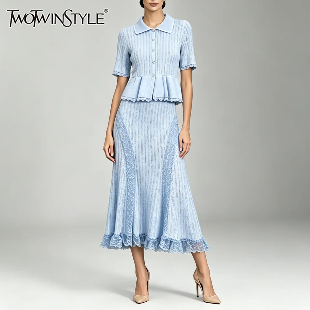 TWOTWINSTYLE Solid Slimming Two Piece Set for Women Lapel Short Sleeves Top Patchwork Elastic Waist Skirt Sets Female New Style
TWOTWINSTYLE Solid Slimming Two Piece Set for Women Lapel Short Sleeves Top Patchwork Elastic Waist Skirt Sets Female New Style