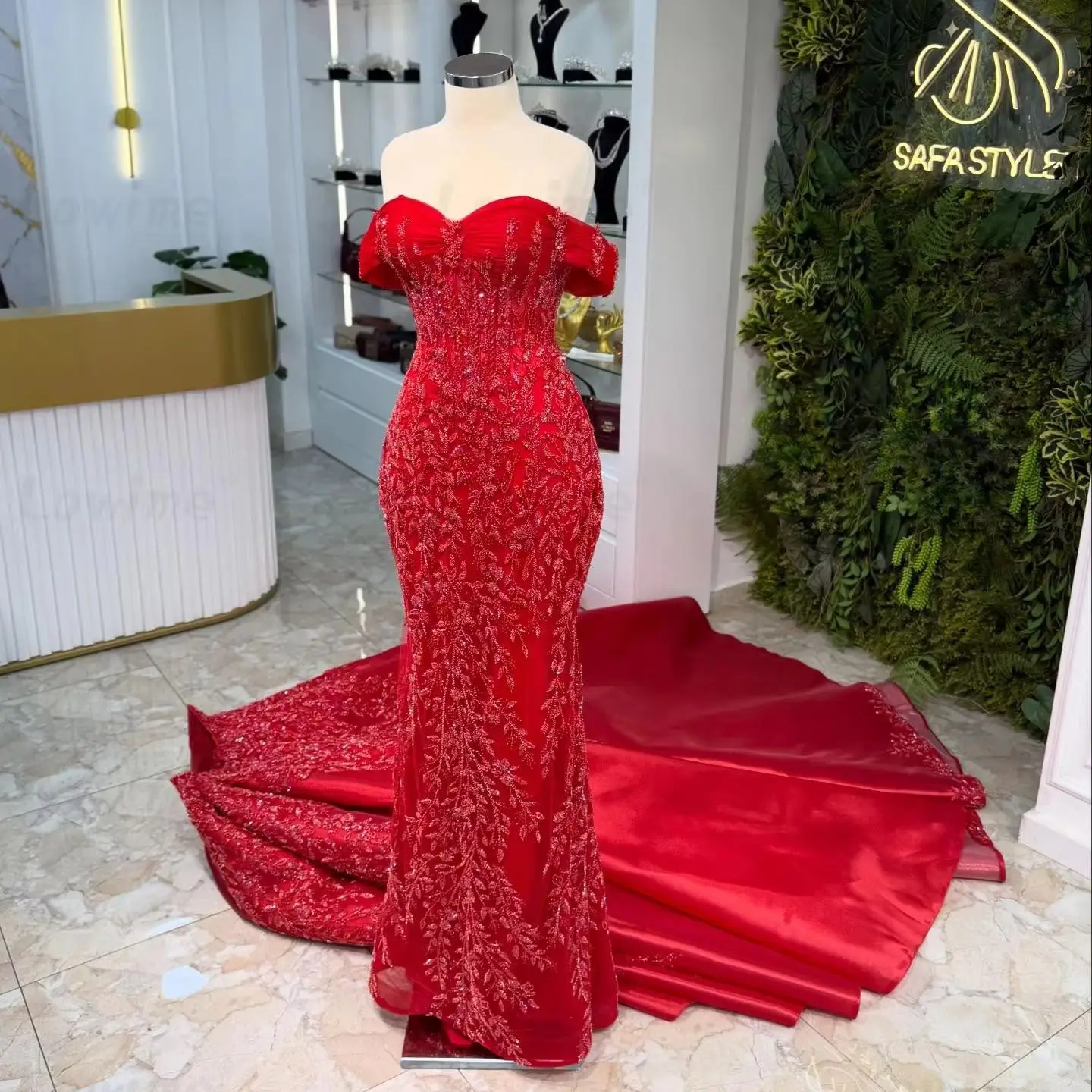 Customized Off Shoulder Red Mermaid Prom Dress Floral Beaded Wedding Engagement Gowns With Overskirt Women's Formal Evening Gown
Customized Off Shoulder Red Mermaid Prom Dress Floral Beaded Wedding Engagement Gowns With Overskirt Women's Formal Evening Gown