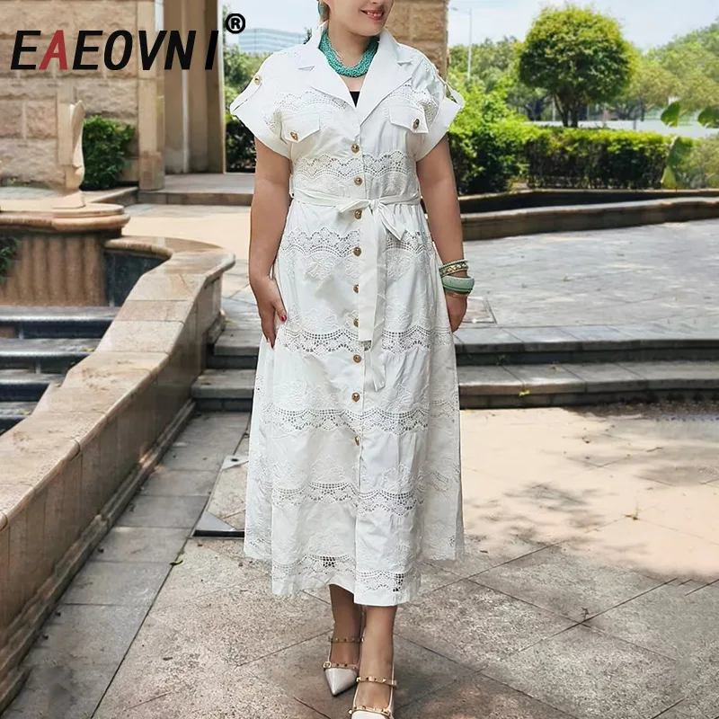 EAEOVNI Fashion Lace Hollow Out Design Dress Women Solid Short Sleeve Button Bandage A Line Long Dresses Elegant 2025 New
EAEOVNI Fashion Lace Hollow Out Design Dress Women Solid Short Sleeve Button Bandage A Line Long Dresses Elegant 2025 New