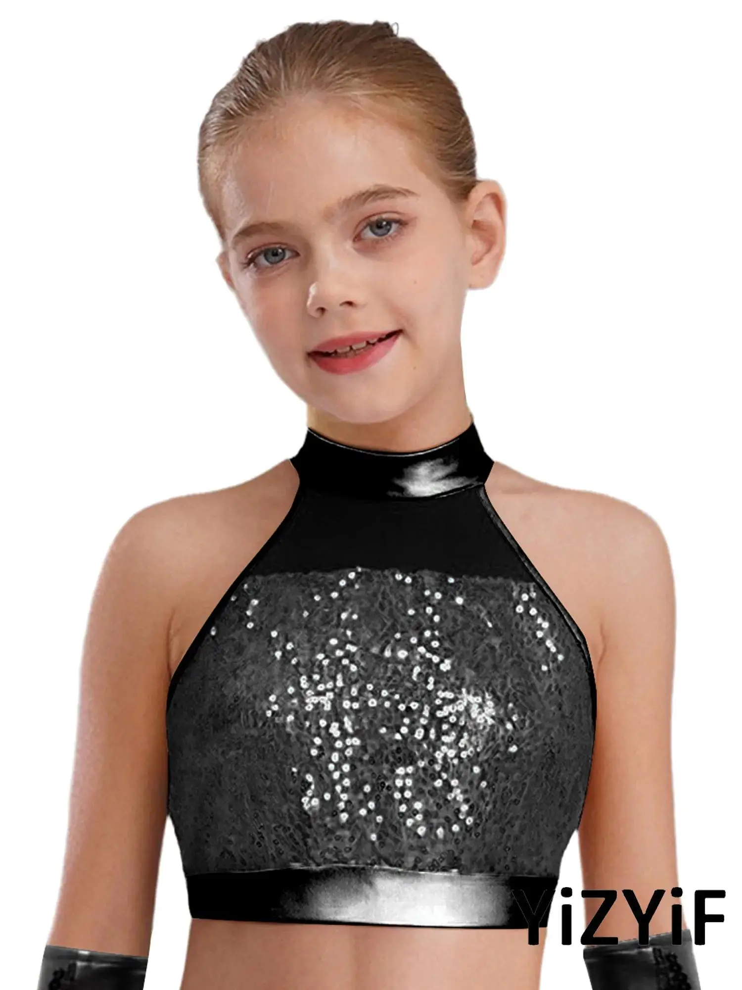 Kids Girls Disco Dance Performance Set Sleeveless Keyhole Back Crop Top with Sparkly Sequins And Metallic Bell Bottom Pants
Kids Girls Disco Dance Performance Set Sleeveless Keyhole Back Crop Top with Sparkly Sequins And Metallic Bell Bottom Pants
