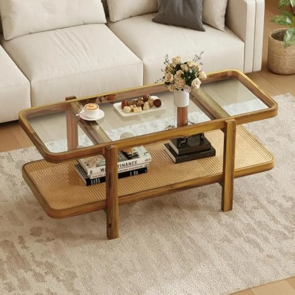 Rattan Coffee Table, Rectangle Solid Wood Tea Table w/Tempered Glass Tabletop & PE Rattan Storage Shelf,for Living Room Office
Rattan Coffee Table, Rectangle Solid Wood Tea Table w/Tempered Glass Tabletop & PE Rattan Storage Shelf,for Living Room Office
