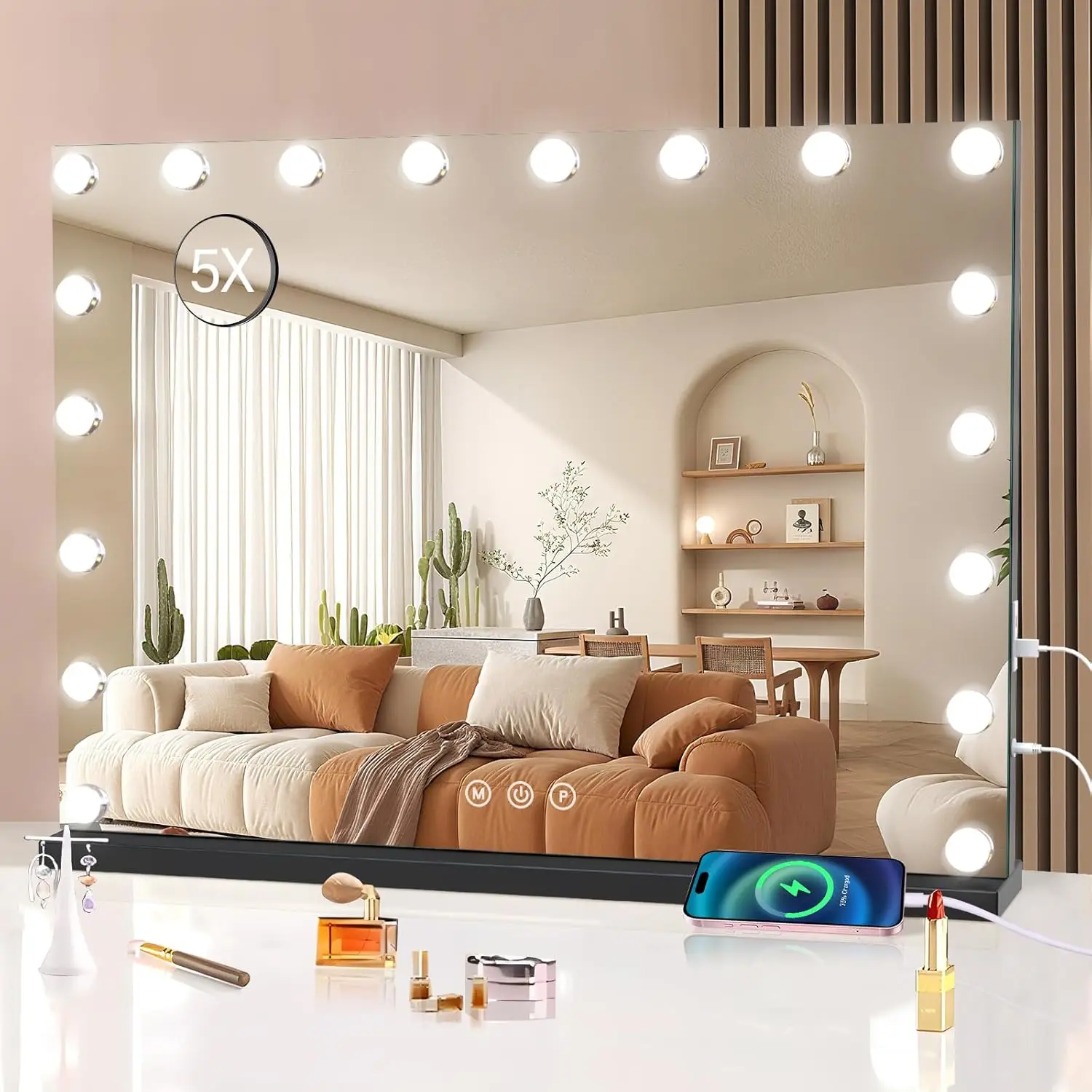 Large Hollywood Vanity Mirror with LED Lights, Touch Dimmable 3-Color Light, Memory Function, USB Charging Port
Large Hollywood Vanity Mirror with LED Lights, Touch Dimmable 3-Color Light, Memory Function, USB Charging Port