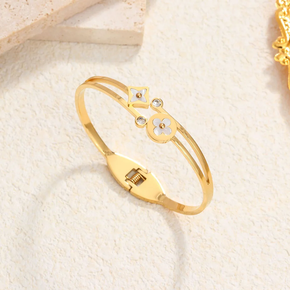 Luxury Stainless Steel Crystal Flower Bangles for Women Fashion Shell Zircon Charm Bracelets Party Accessory Jewelry Wholesale
Luxury Stainless Steel Crystal Flower Bangles for Women Fashion Shell Zircon Charm Bracelets Party Accessory Jewelry Wholesale