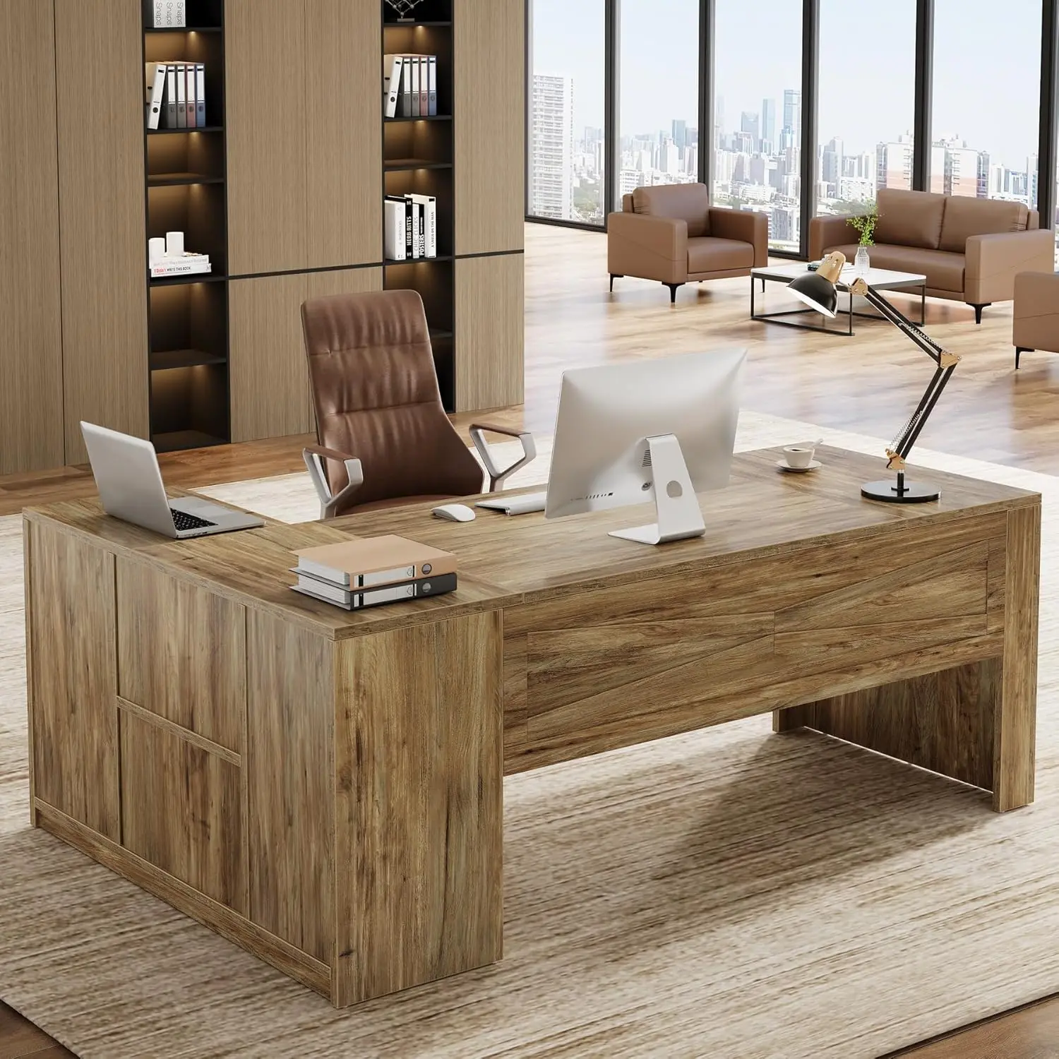 71" L-Shaped Executive Desk with File Cabinet, Professional Business Furniture Workstation for Home Office, Rustic Brown
71" L-Shaped Executive Desk with File Cabinet, Professional Business Furniture Workstation for Home Office, Rustic Brown