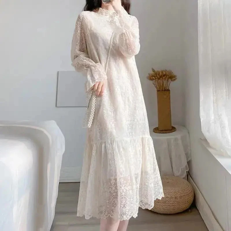 Sweet Lace Sheer Dress Women French Long Sleeve Crochet Elegant Dress Spring Fall Vacation Beaches Solid Party Vestidos
Sweet Lace Sheer Dress Women French Long Sleeve Crochet Elegant Dress Spring Fall Vacation Beaches Solid Party Vestidos