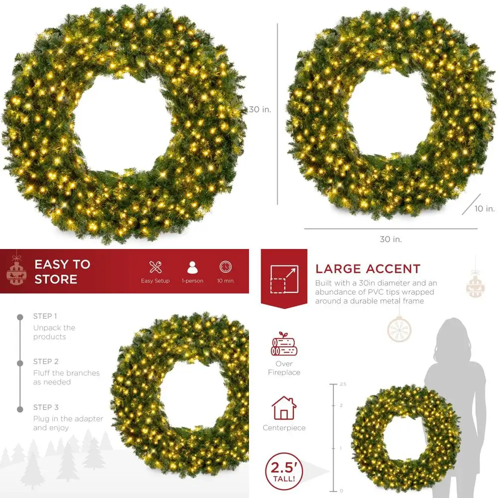 Artificial Pre-Lit 30 Inch Large Fir Christmas Wreath with 100 LEDs, 220 PVC Tips, Holiday Season Decor
Artificial Pre-Lit 30 Inch Large Fir Christmas Wreath with 100 LEDs, 220 PVC Tips, Holiday Season Decor