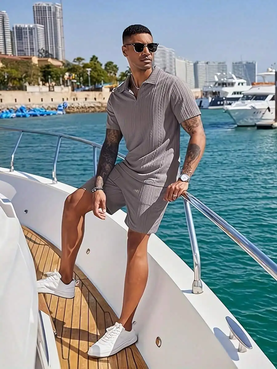 Mens Matching Top And Shorts Set, Ribbed Texture, Zipper Closure, Button Placket, Ideal For Beach And Gym
Mens Matching Top And Shorts Set, Ribbed Texture, Zipper Closure, Button Placket, Ideal For Beach And Gym