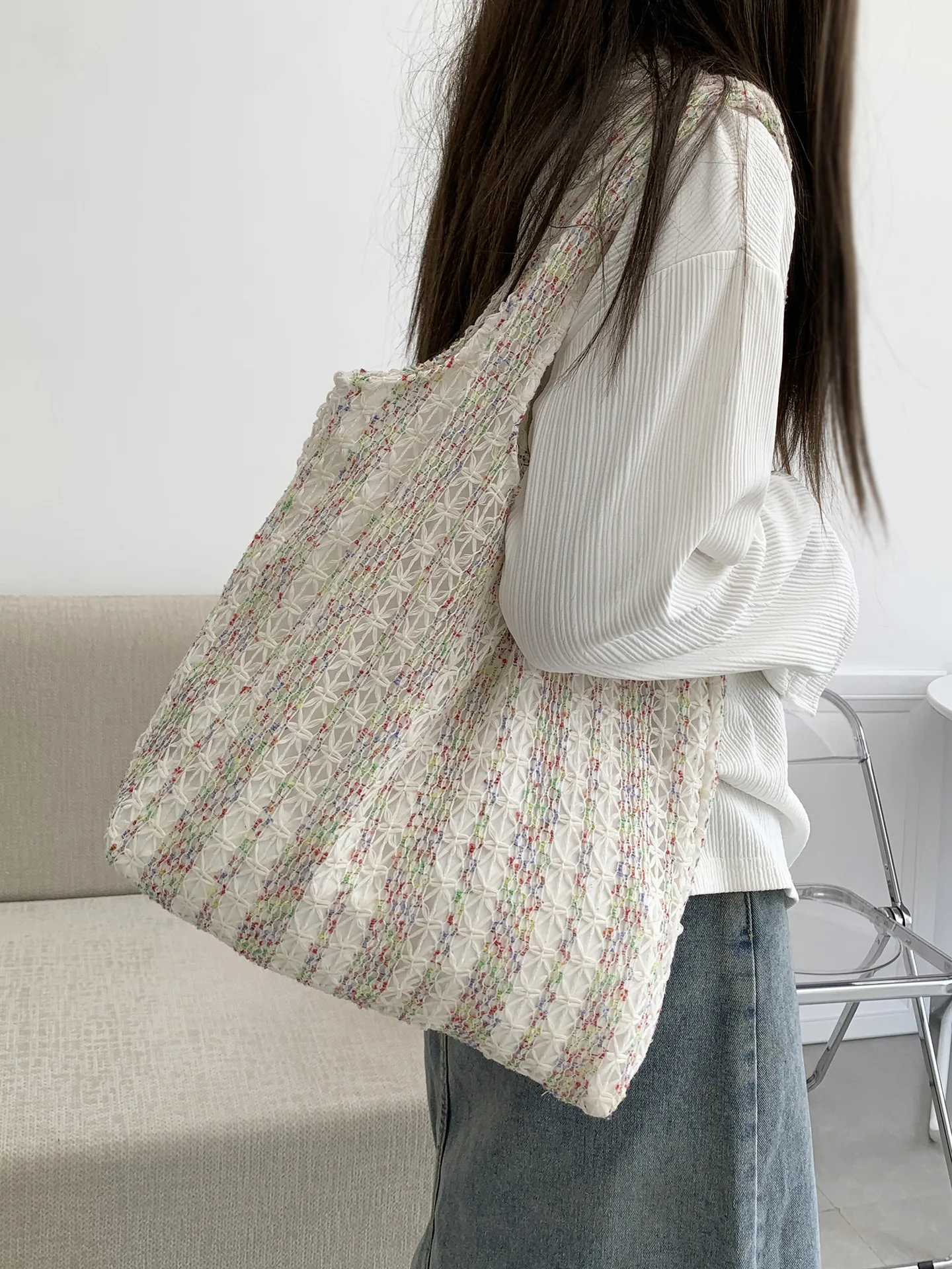 Neon Color Knitted Canvas Tote Bag for Women, Large Capacity Casual Shoulder Bag Fashion Commute School Bag for College Students Neon Color Knitted Canvas Tote Bag for Women, Large Capacity Casual Shoulder Bag Fashion Commute School Bag for College Students