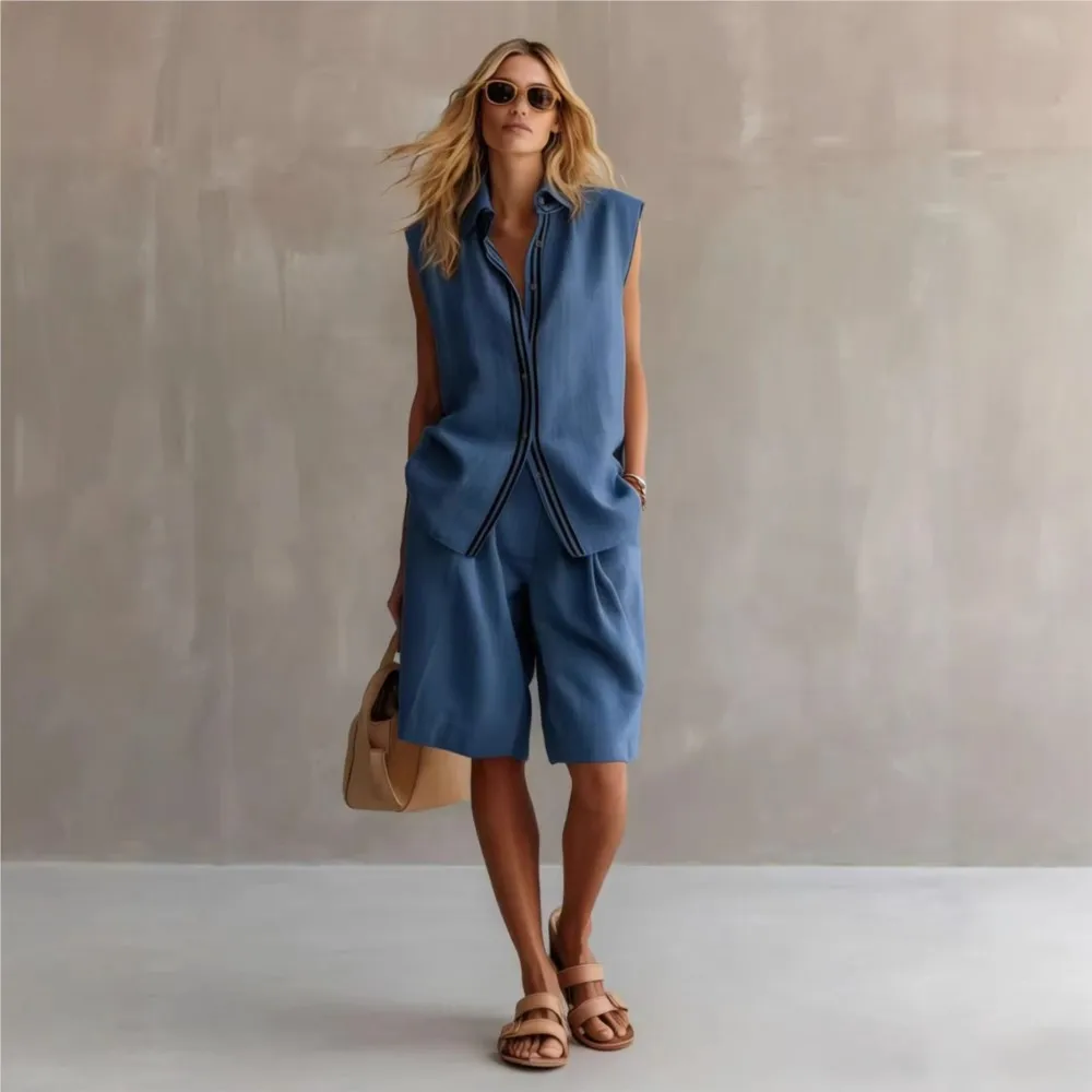 New Fashion Linen Sleeveless Lapel Shirt Women Shorts Suit Summer Casual Printed Striped Loose Shorts Female Vacation 2piece Set
New Fashion Linen Sleeveless Lapel Shirt Women Shorts Suit Summer Casual Printed Striped Loose Shorts Female Vacation 2piece Set