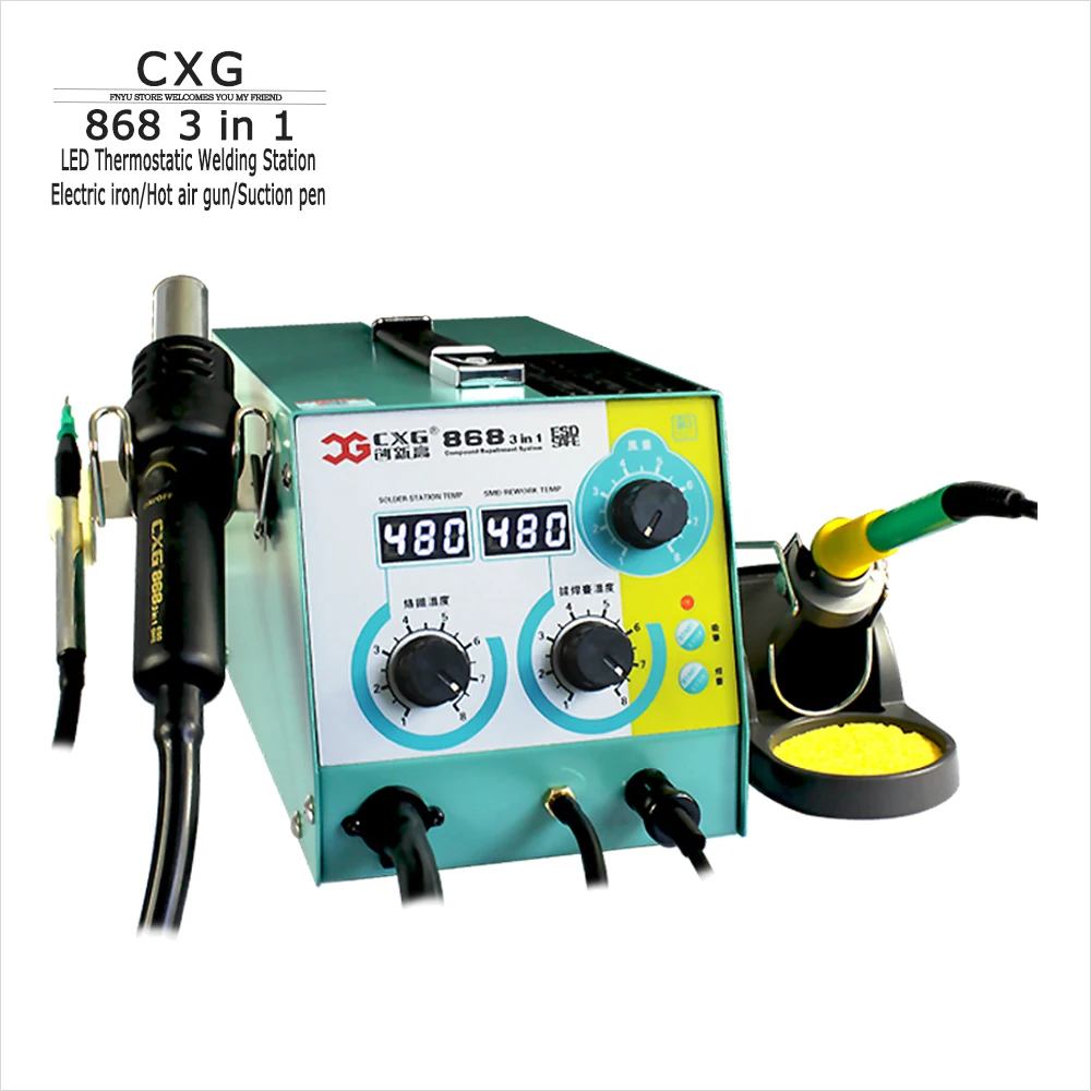 CXG 868 3 In 1 LED Welding Station ESD Electric Iron Hot Air Gun Suction Pen Dual Digital Display Intelligent Maintenance System
CXG 868 3 In 1 LED Welding Station ESD Electric Iron Hot Air Gun Suction Pen Dual Digital Display Intelligent Maintenance System