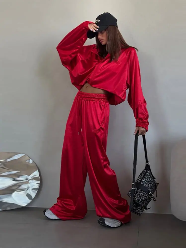 Fashion Women Satin Tracksuit Set Stand Collar Zipper Long Sleeve Pockets Coat And Lace Up Wide Leg Pant Female Suit Casual 2026
Fashion Women Satin Tracksuit Set Stand Collar Zipper Long Sleeve Pockets Coat And Lace Up Wide Leg Pant Female Suit Casual 2026