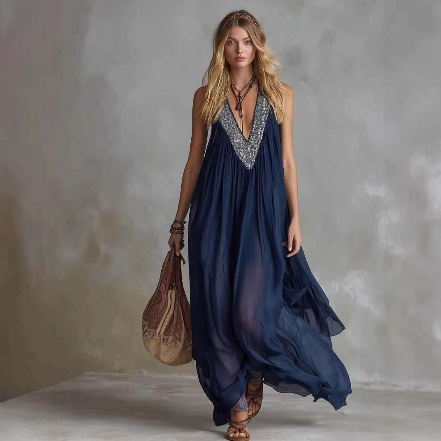 Boho Women's Navy Blue Sequin Maxi Dress Sleeveless V Neck Flowy Chiffon Gown Casual Loose Summer Beach Vacation Elegant Dress
Boho Women's Navy Blue Sequin Maxi Dress Sleeveless V Neck Flowy Chiffon Gown Casual Loose Summer Beach Vacation Elegant Dress